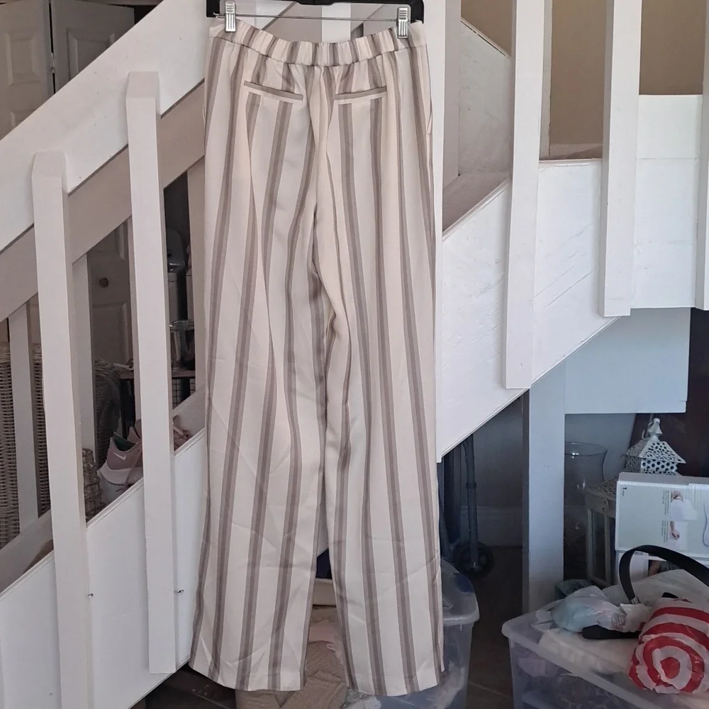Seroya Marlowe Satin Cream & Tan Neutral Striped Trousers Sz S LIKE New - Picture 7 of 8